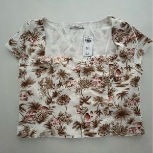Abercrombie and Fitch White and Tan Safari Crop Top Palm Trees Brown White M